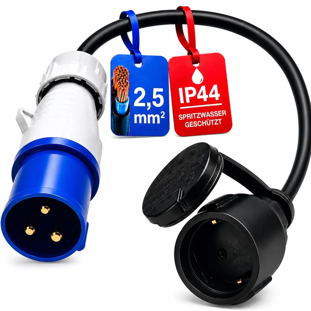 Adapter kabla CEE, wtyk na gniazdo ochronno-kontaktowe IP44 Electraline, odporny na bryzgi I H07RN-F 3G2,5 / 16A do campingu, caravan i kampera itp
