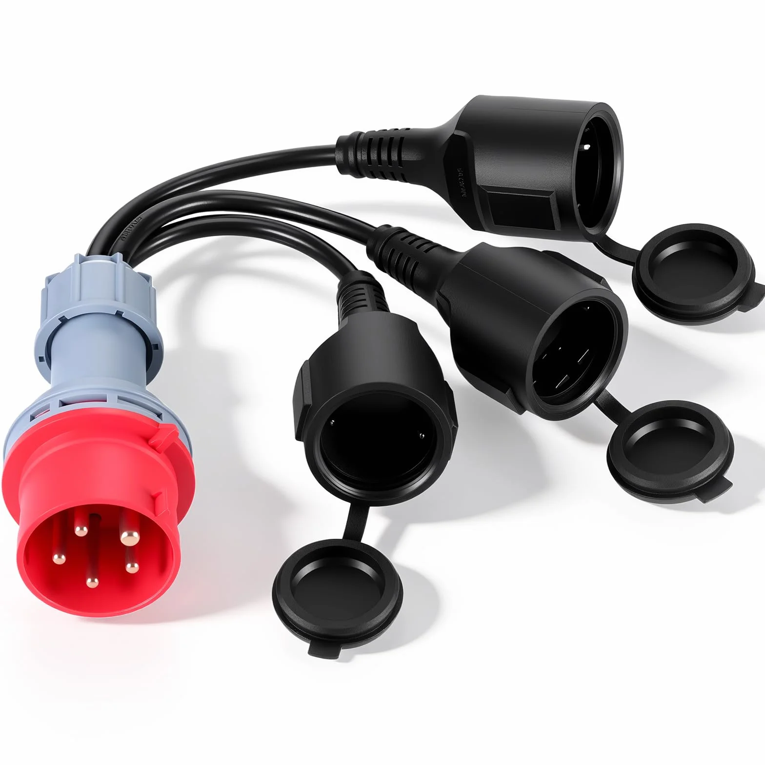 Starvortex CEE Adapter rozdzielacz prądu 400 V wtyczka 16 A na 3 x 230 V złącze Schuko, rozdzielacz 16 A z pokrywą na zawiasach i wtyczką z zestykiem ochronnym IP44 do przyczep kempingowych, przemysłu