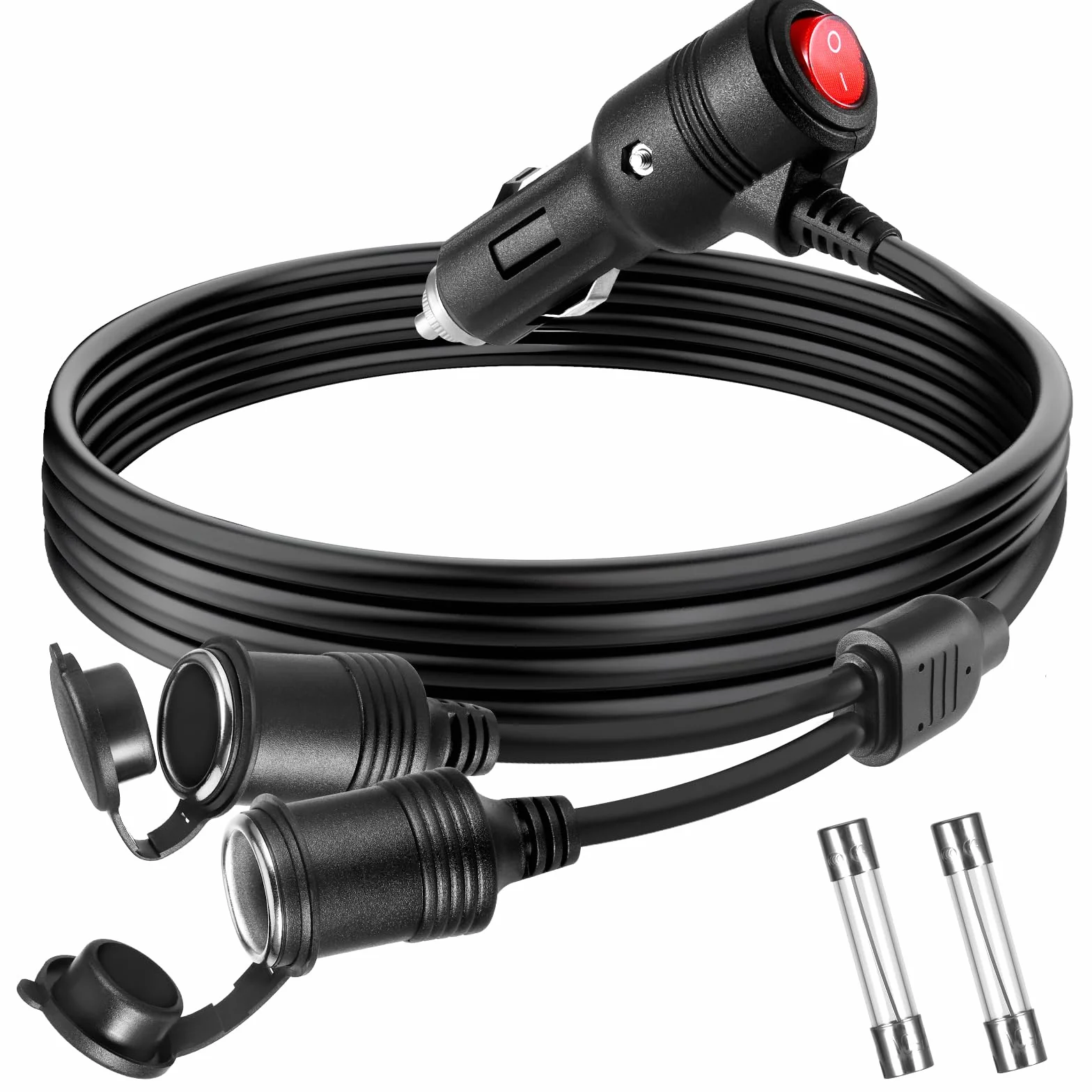 Starvortex przedłużacz 12 V/24 V do samochodu, 2,4 m przedłużacz do zapalniczki samochodowej z dwoma bezpiecznikami 15 A, przenośny podwójny przedłużacz do gniazda zapalniczki samochodowej 12 V do