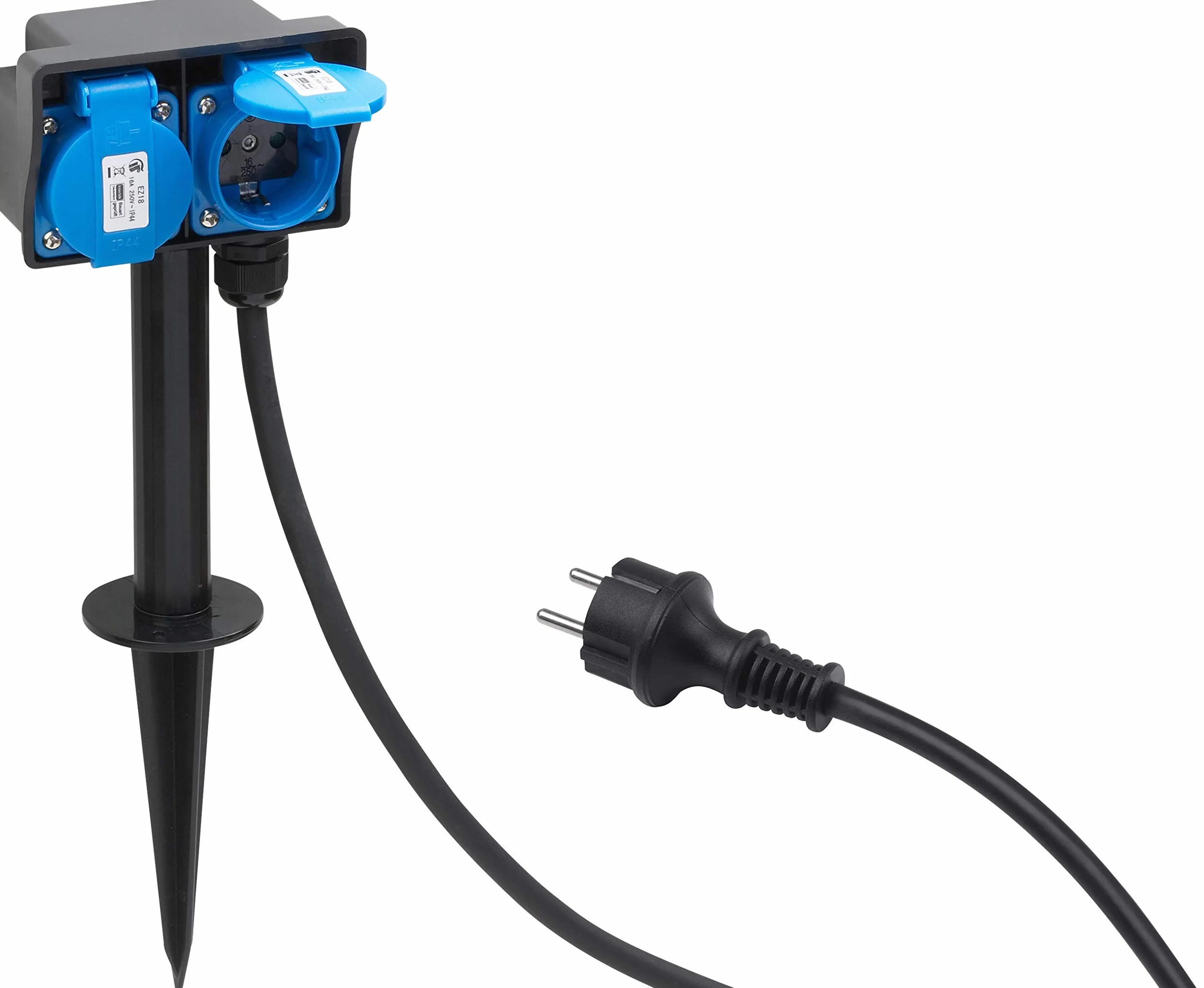 Meister Rozdzielacz prądu 2-drożny - kabel 1,4 m - z ostrzem do wbijania w ziemię - wąż gumowy - IP44 rozdzielacz zewnętrzny/gniazdko ogrodowe z kołkiem do wbijania w ziemię/gniazdko zewnętrzne