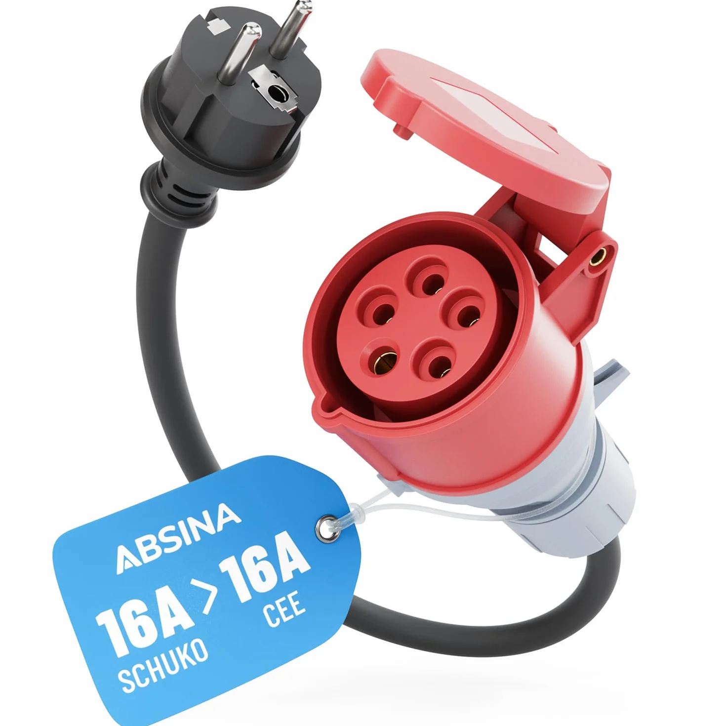 ABSINA Adapter Schuko wtyk na gniazdo CEE - Schuko na CEE 16A 5-poligowy z 60 cm długości kabla & IP44 ochrona - Schuko na CEE jako akcesoria do samochodów elektrycznych – Adapter 230V