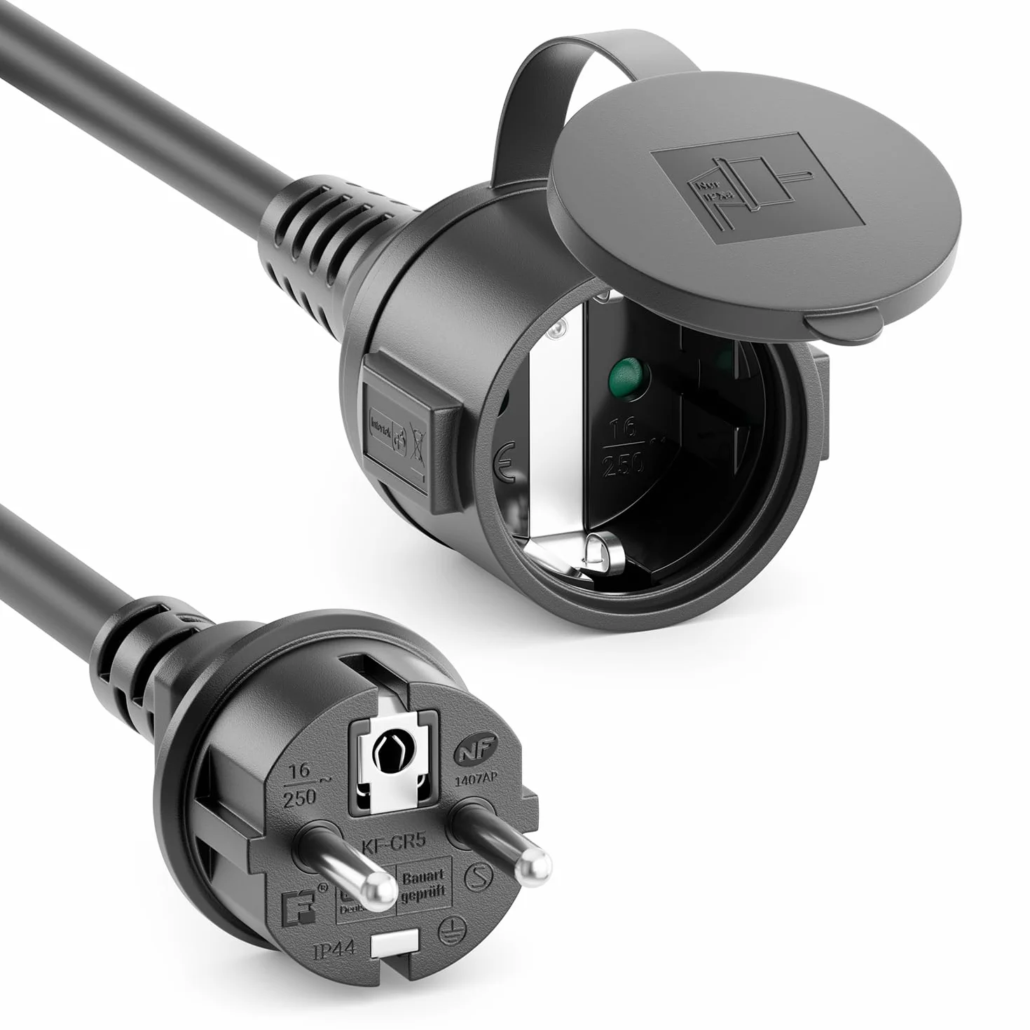 deleyCON 2m Przedłużacz Ogrodowy Kabel Zasilający IP44 (H07RN-F 3G1.5mm²) Odporne na Warunki Atmosferyczne Gumowy Kabel do Użytku na Zewnątrz - Wtyczka z Bolcem Ochronnym na Gniazdo - Czarny